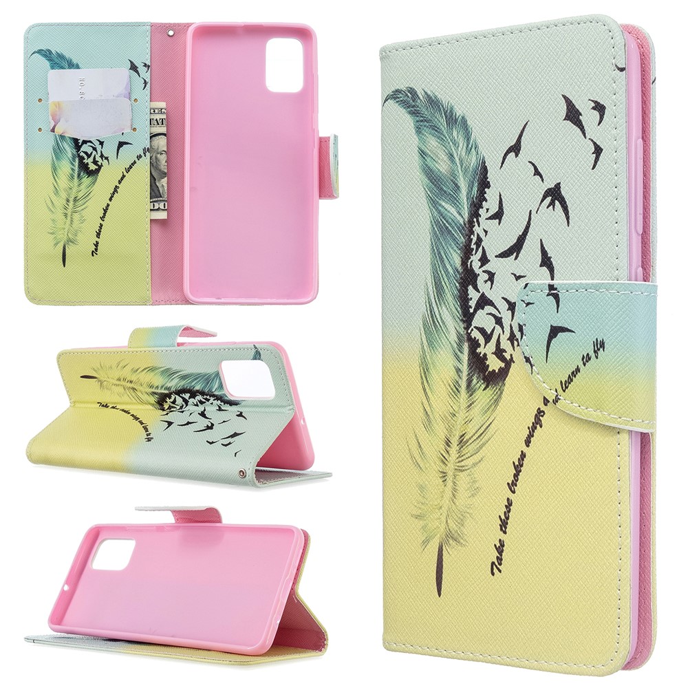 Pattern Printing Leather Wallet Case for Samsung Galaxy A51 - Feather Pattern-1