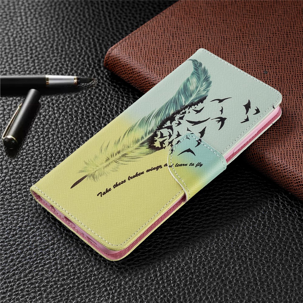 Pattern Printing Leather Wallet Case for Samsung Galaxy A51 - Feather Pattern-7