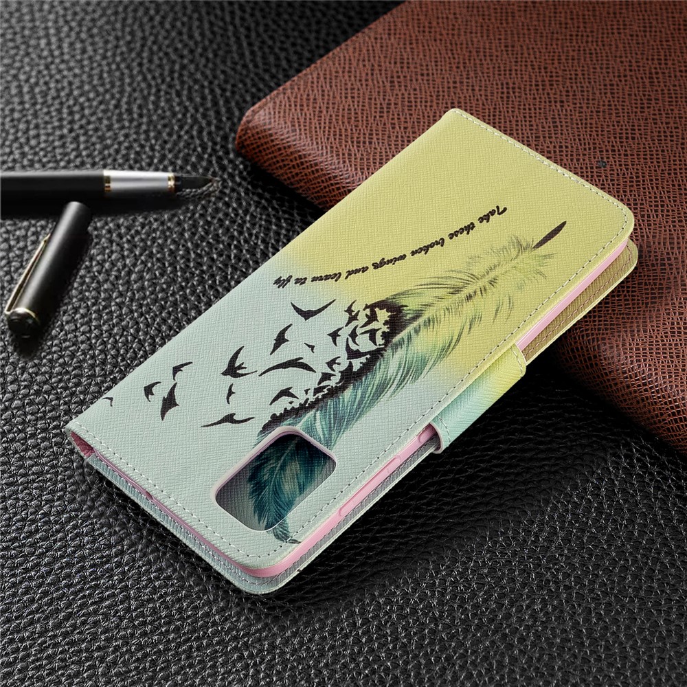 Pattern Printing Leather Wallet Case for Samsung Galaxy A51 - Feather Pattern-8