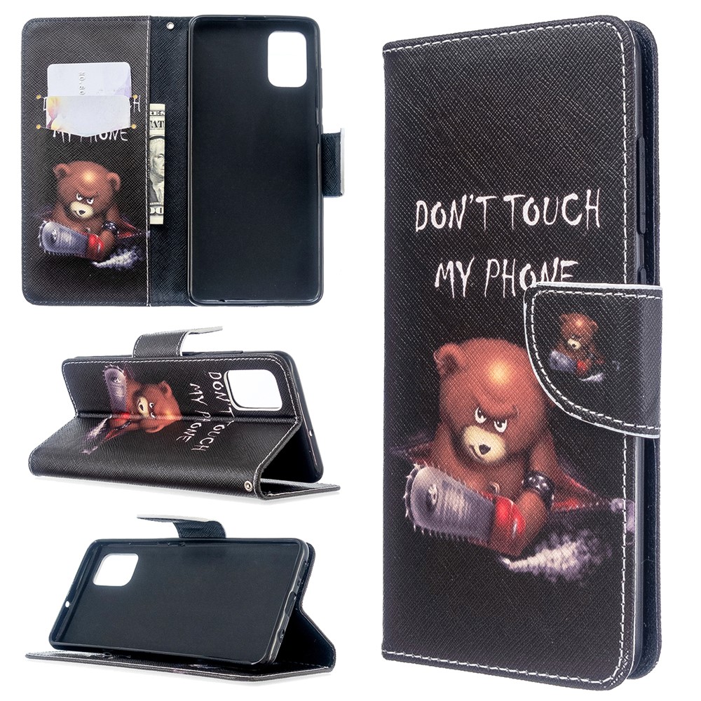 Pattern Printing Leather Wallet Case for Samsung Galaxy A51 - Brown Bear and Warning Words-1