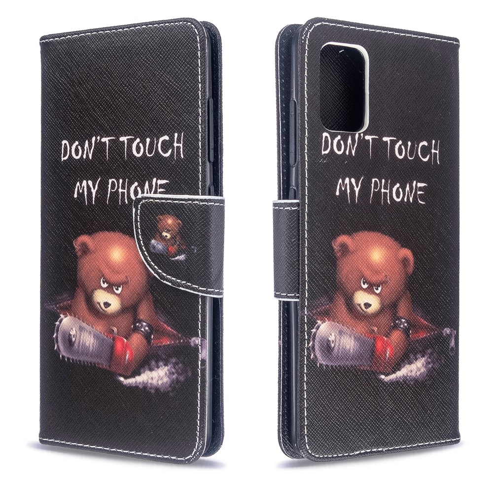 Pattern Printing Leather Wallet Case for Samsung Galaxy A51 - Brown Bear and Warning Words-4