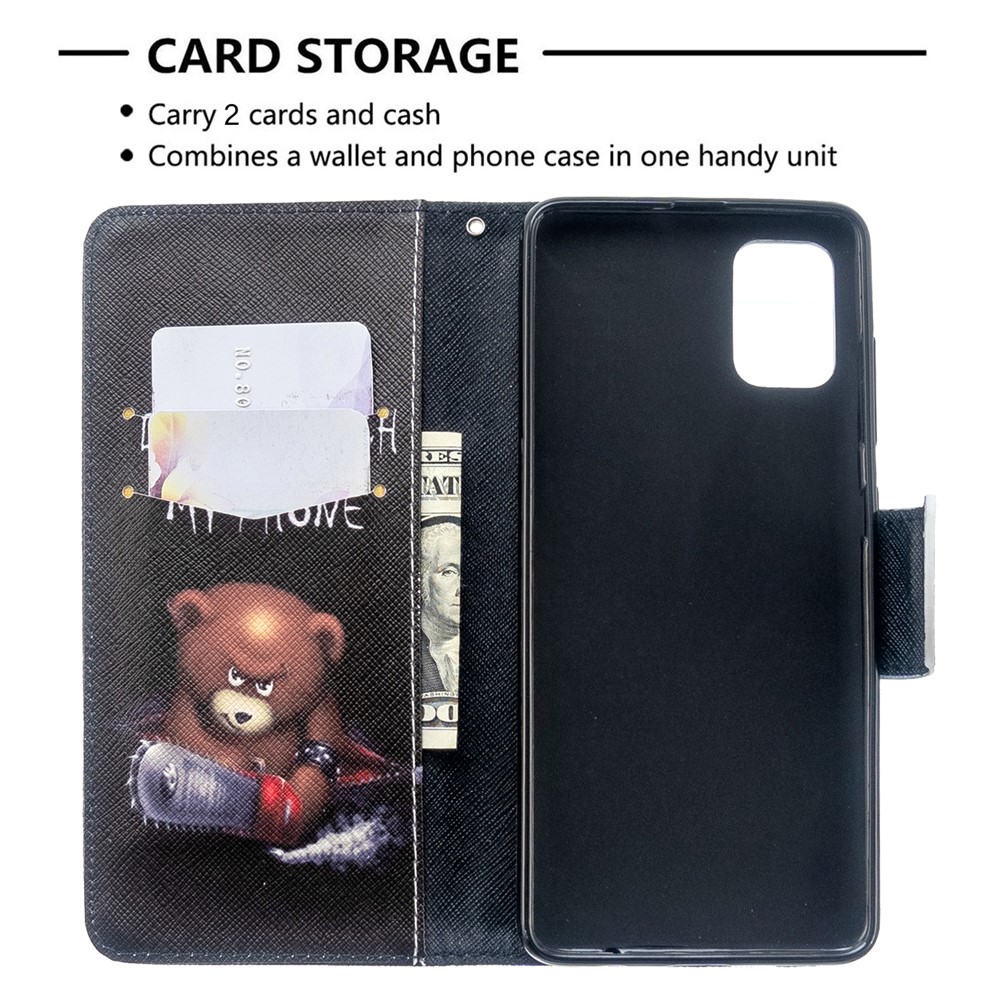 Pattern Printing Leather Wallet Case for Samsung Galaxy A51 - Brown Bear and Warning Words-6