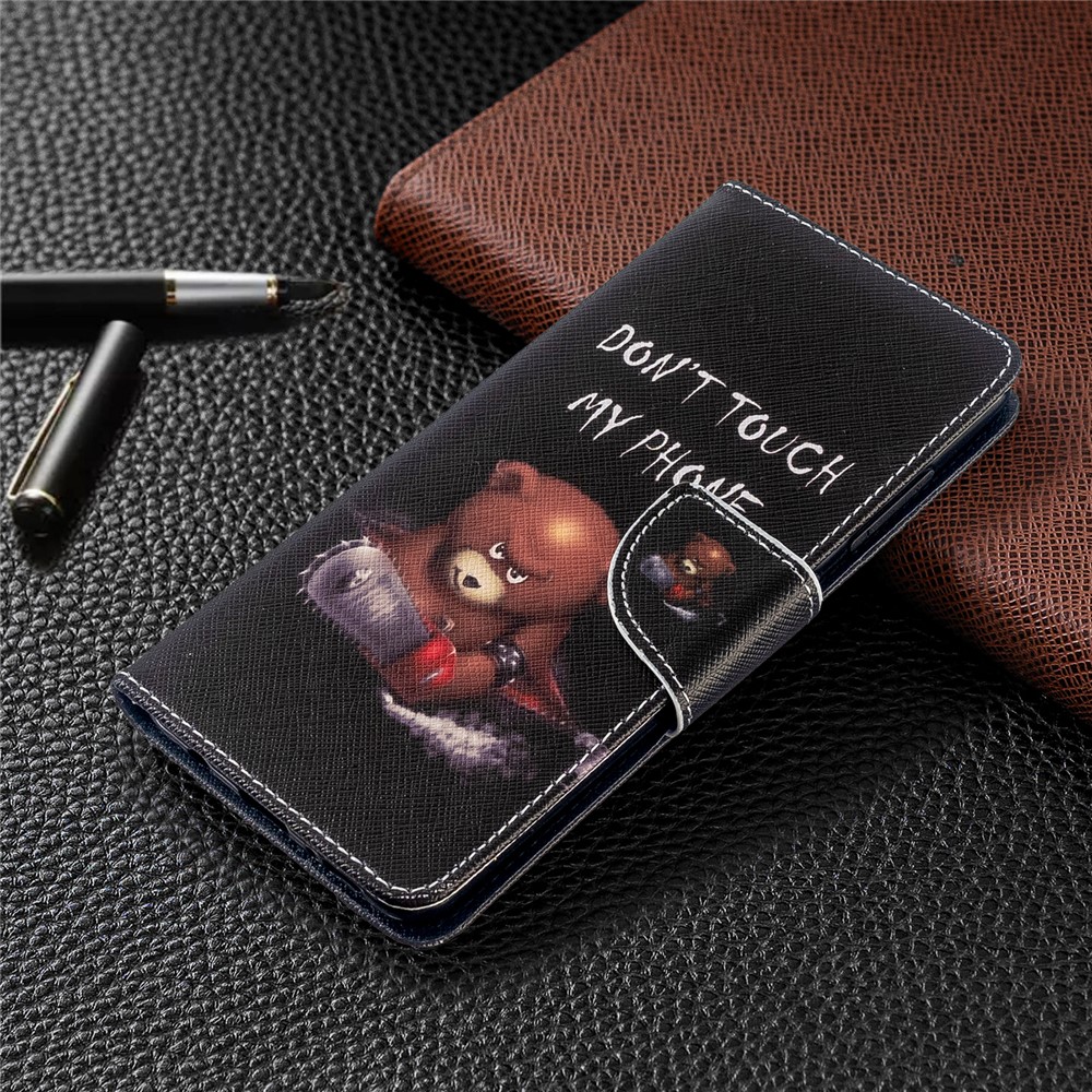 Pattern Printing Leather Wallet Case for Samsung Galaxy A51 - Brown Bear and Warning Words-7