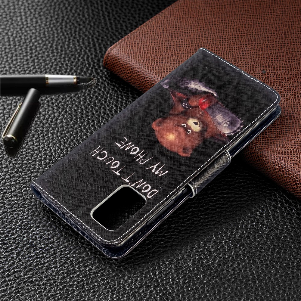Pattern Printing Leather Wallet Case for Samsung Galaxy A51 - Brown Bear and Warning Words-8