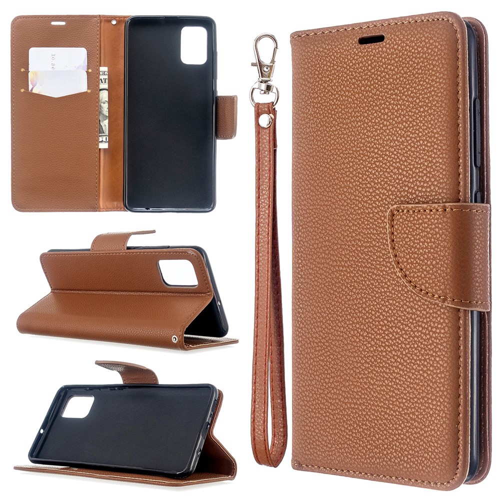 Litchi Skin Leather Wallet Case for Samsung Galaxy A51 - Brown-1