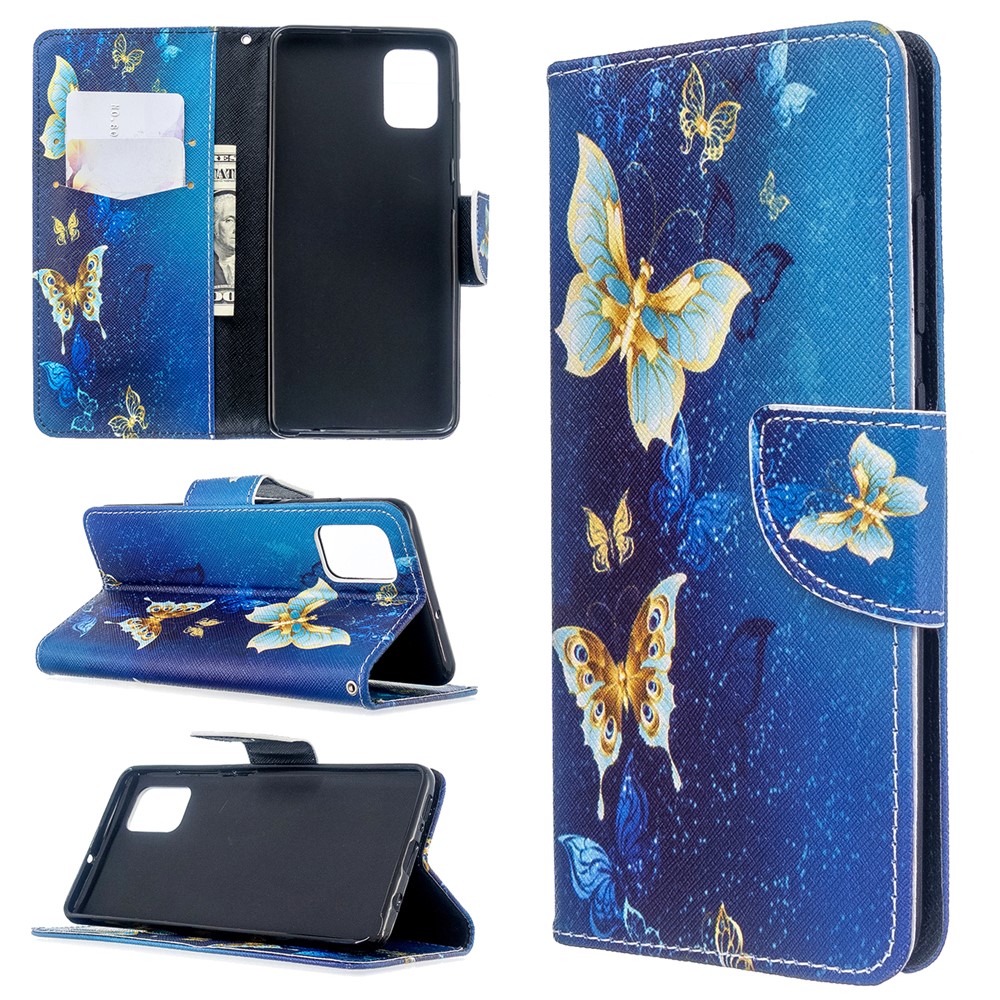 Pattern Printing Wallet Leather Flip Cover Case for Samsung Galaxy A51 - Blue and Gold Butterfly-1