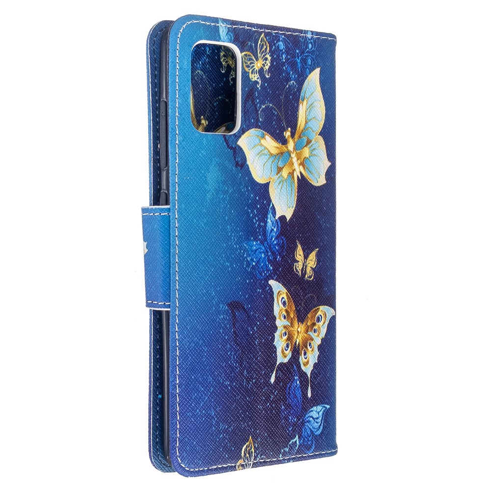 Funda de Cubierta de Cuero de Billetera de Impresión de Patrones Para Samsung Galaxy A51 - Mariposa Azul y Dorada-3