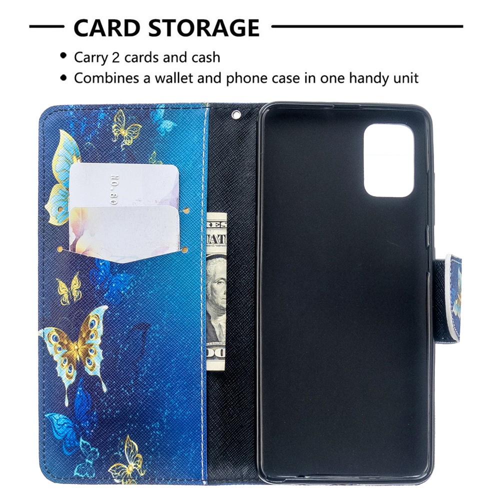 Pattern Printing Wallet Leather Flip Cover Case for Samsung Galaxy A51 - Blue and Gold Butterfly-6