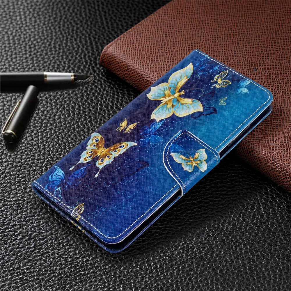 Funda de Cubierta de Cuero de Billetera de Impresión de Patrones Para Samsung Galaxy A51 - Mariposa Azul y Dorada-7