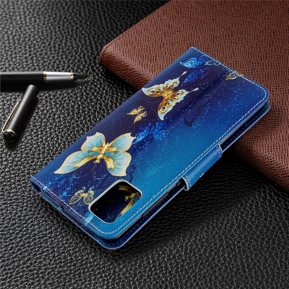 Funda de Cubierta de Cuero de Billetera de Impresión de Patrones Para Samsung Galaxy A51 - Mariposa Azul y Dorada-8