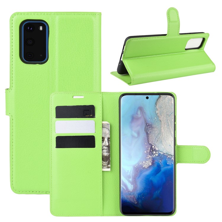 Litchi Surface Wallet Leather Stand Case for Samsung Galaxy S20 - Green-1