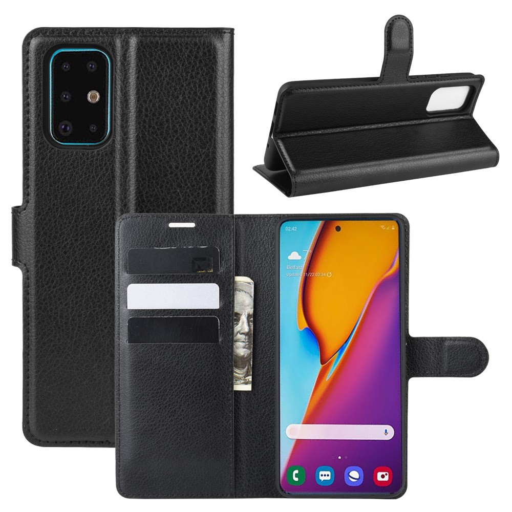 Couro Pele Caso Estande Carteira Lichia Para Samsung Galaxy S11 - Preto-1