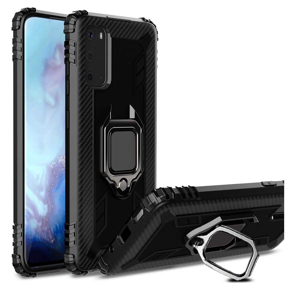 Finger Ring Kickstand Built-in Magnetic Metal Sheet TPU Case for Samsung Galaxy S20 - Black-1