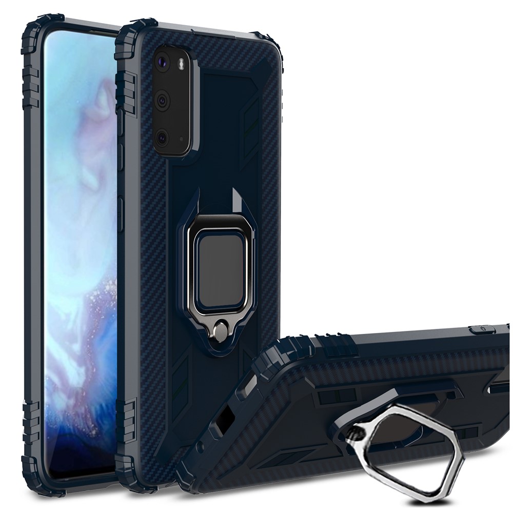 Finger Ring Kickstand Built-in Magnetic Metal Sheet TPU Case for Samsung Galaxy S20 - Blue-1