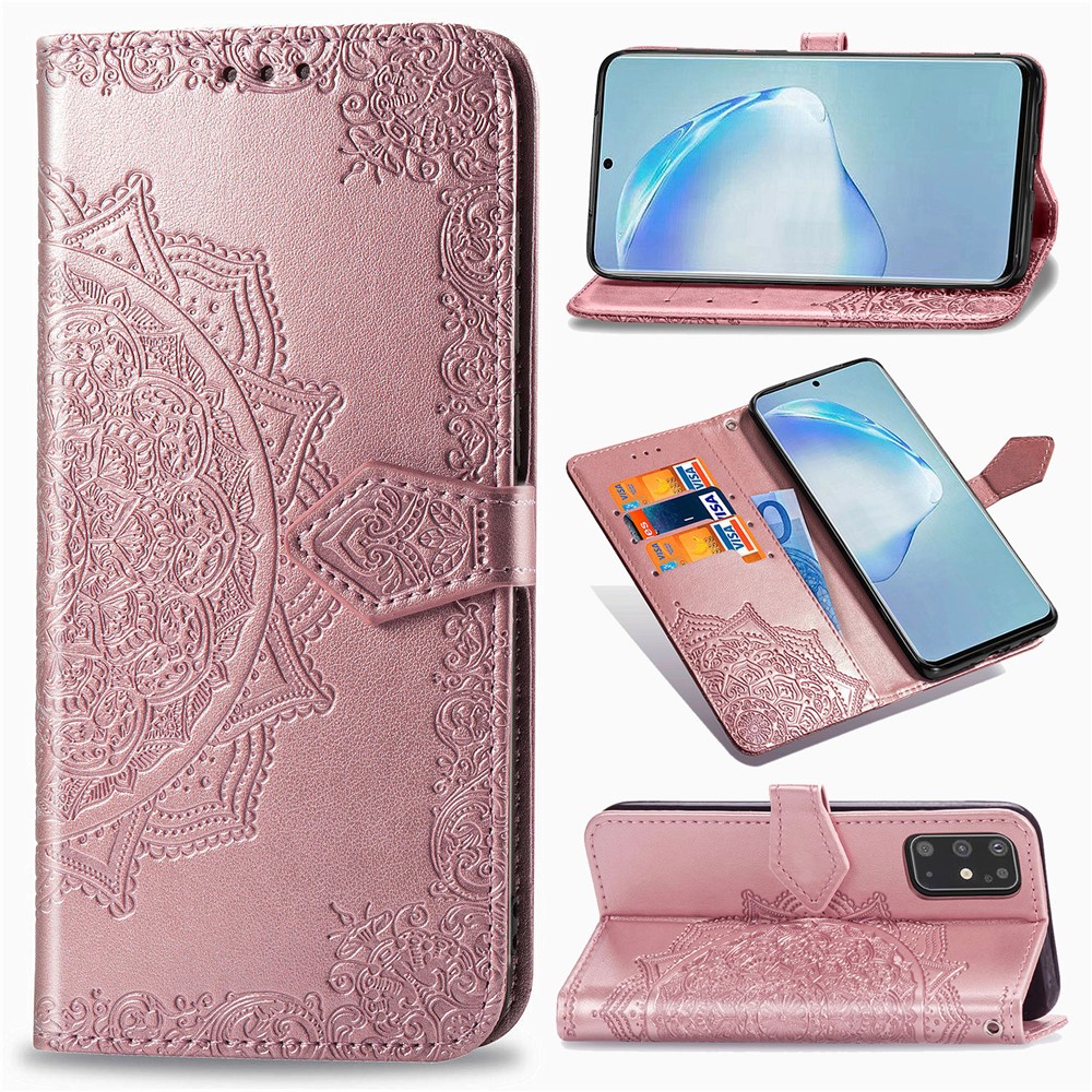 Выблестроенная Мандала Цветочное Кожаное Покрытие Для Samsung Galaxy S20 Плюс - Розовое Золото-1