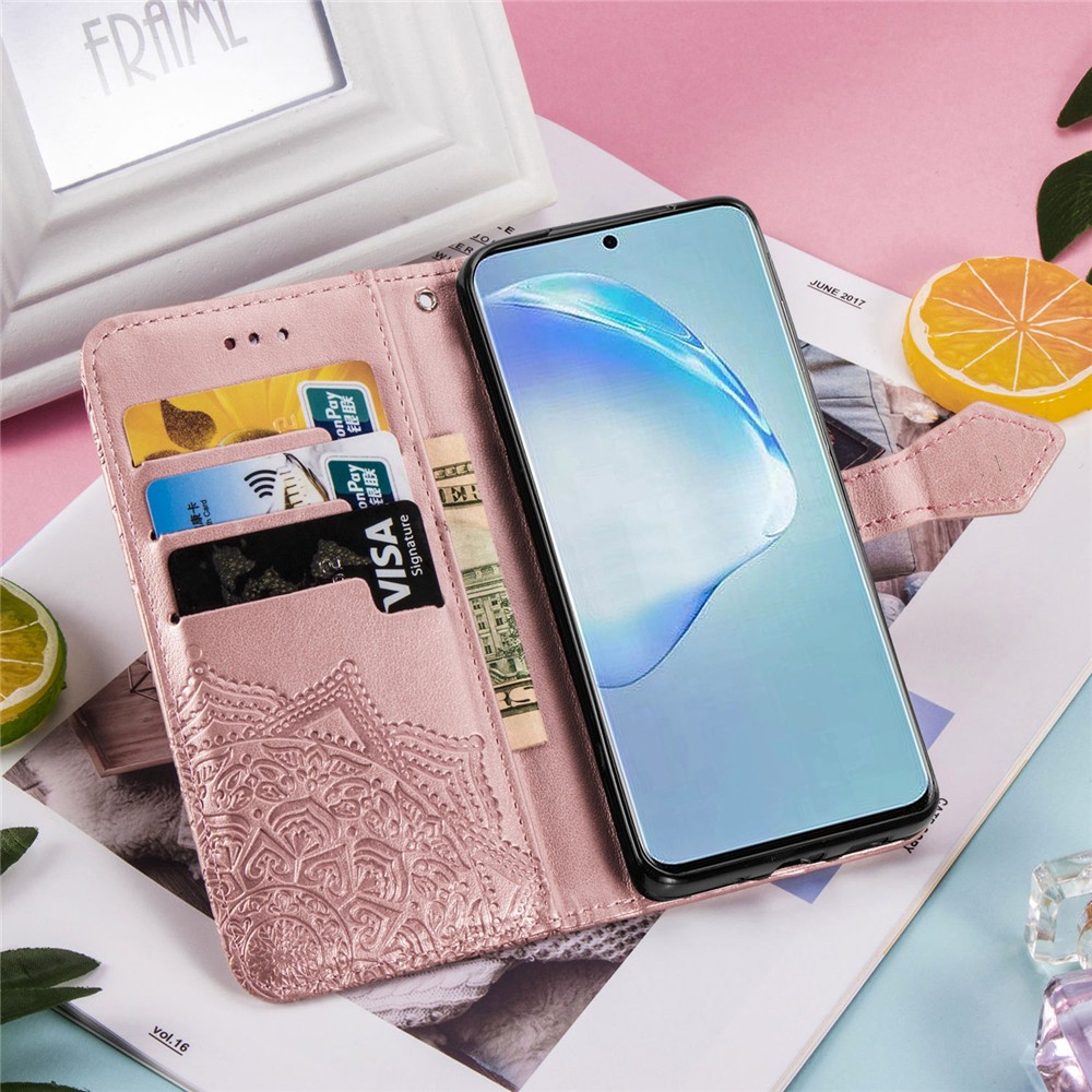 Выблестроенная Мандала Цветочное Кожаное Покрытие Для Samsung Galaxy S20 Плюс - Розовое Золото-13