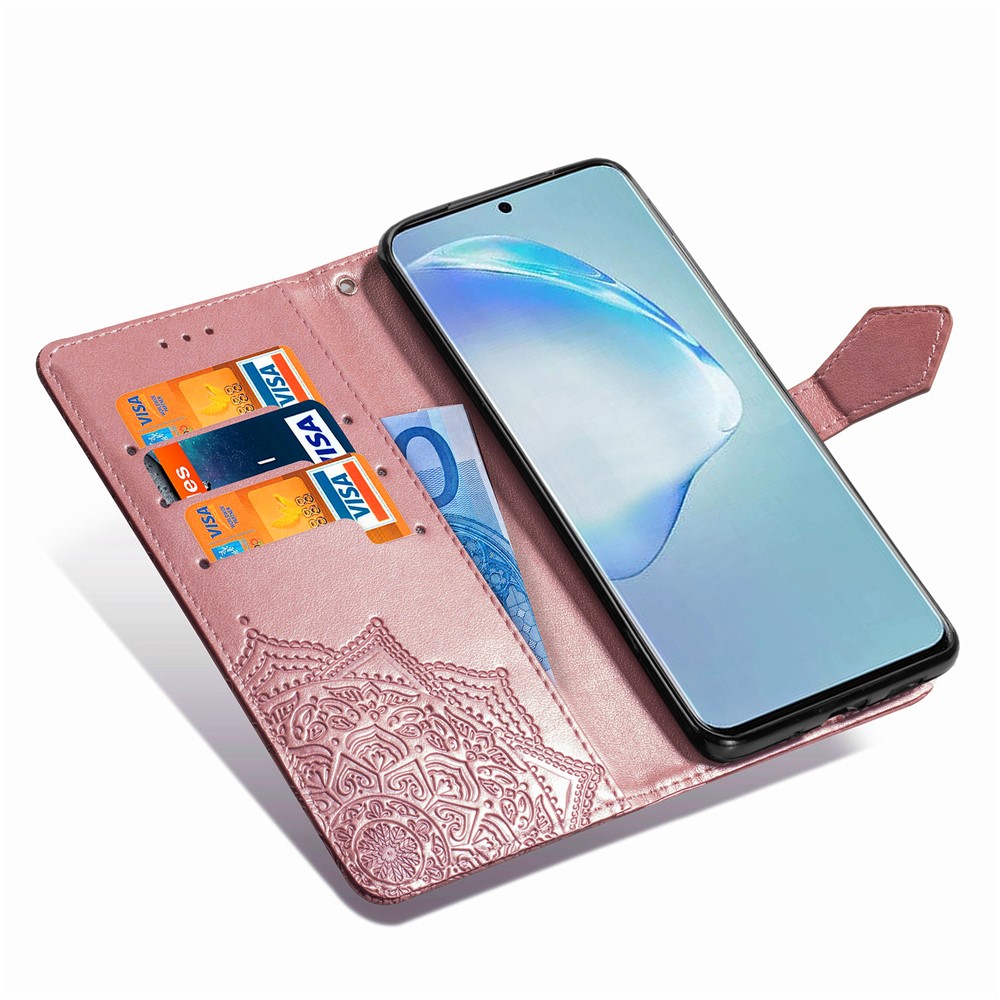 Выблестроенная Мандала Цветочное Кожаное Покрытие Для Samsung Galaxy S20 Плюс - Розовое Золото-9