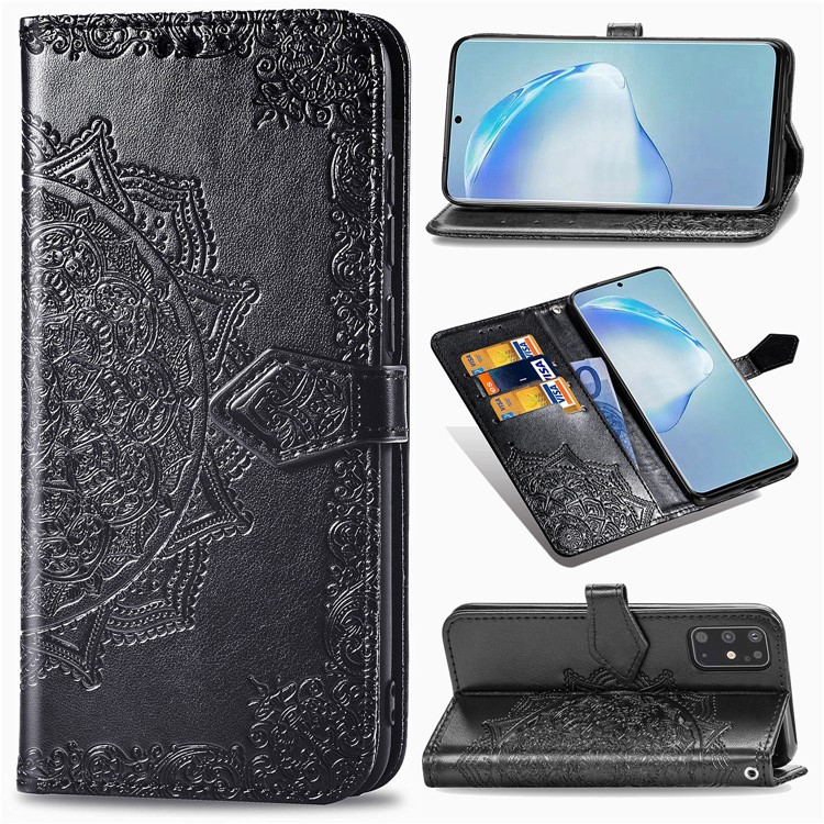 Couvrage en Cuir de Fleur Mandala en Relief Pour Samsung Galaxy S20 Plus - le Noir