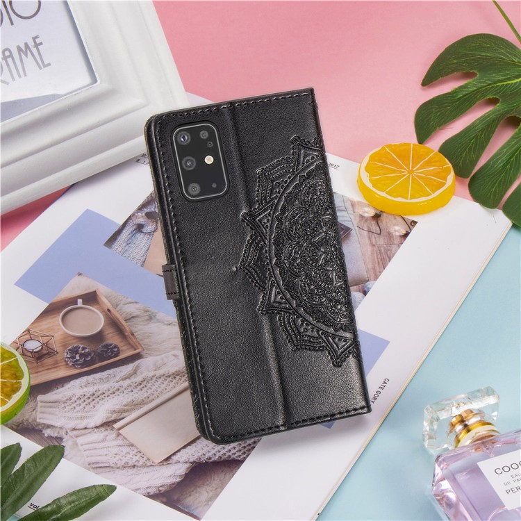 Cobertura de Couro de Flor Mandala em Relevo Para o Samsung Galaxy S20 Plus - Preto