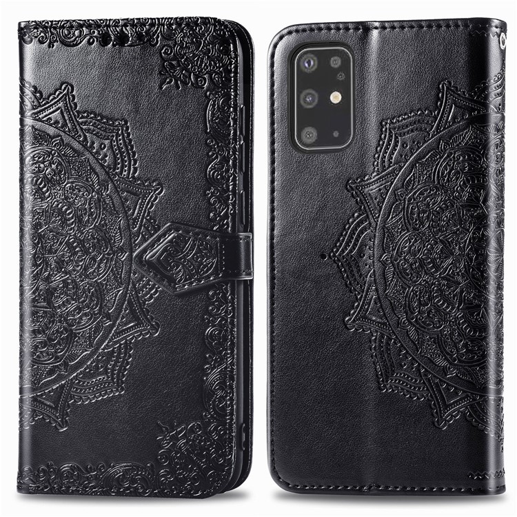 Cubierta de Cuero de Flores de Mandala en Relieve Para Samsung Galaxy S20 Plus - Negro