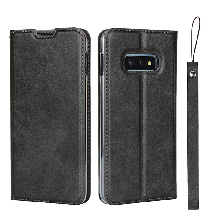 Stand Card Holder Leather Shell with Strap for Samsung Galaxy S10e - Black-1