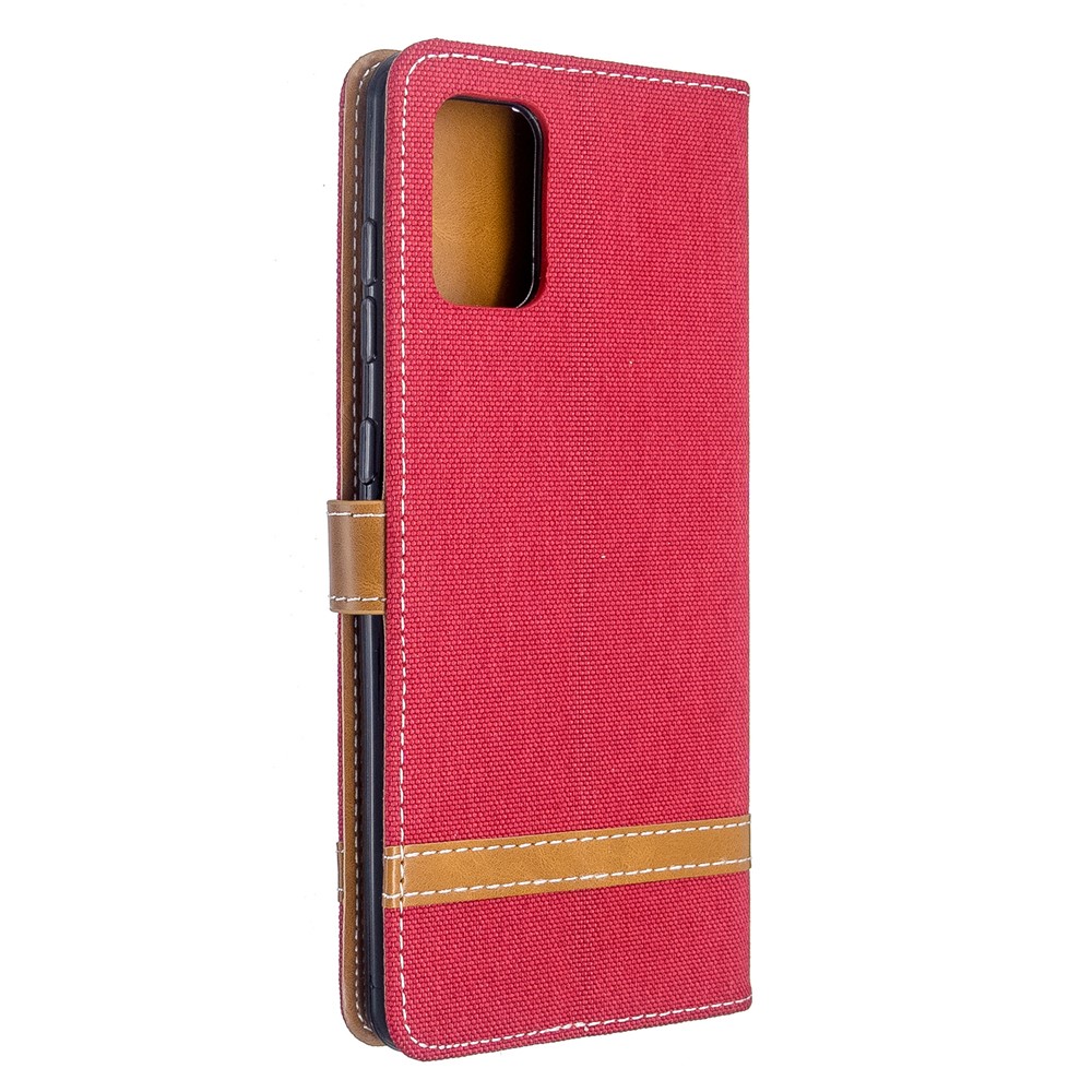 Color Splicing Jeans Cloth Skin Wallet Leather Case for Samsung Galaxy A71 A715 - Red-3