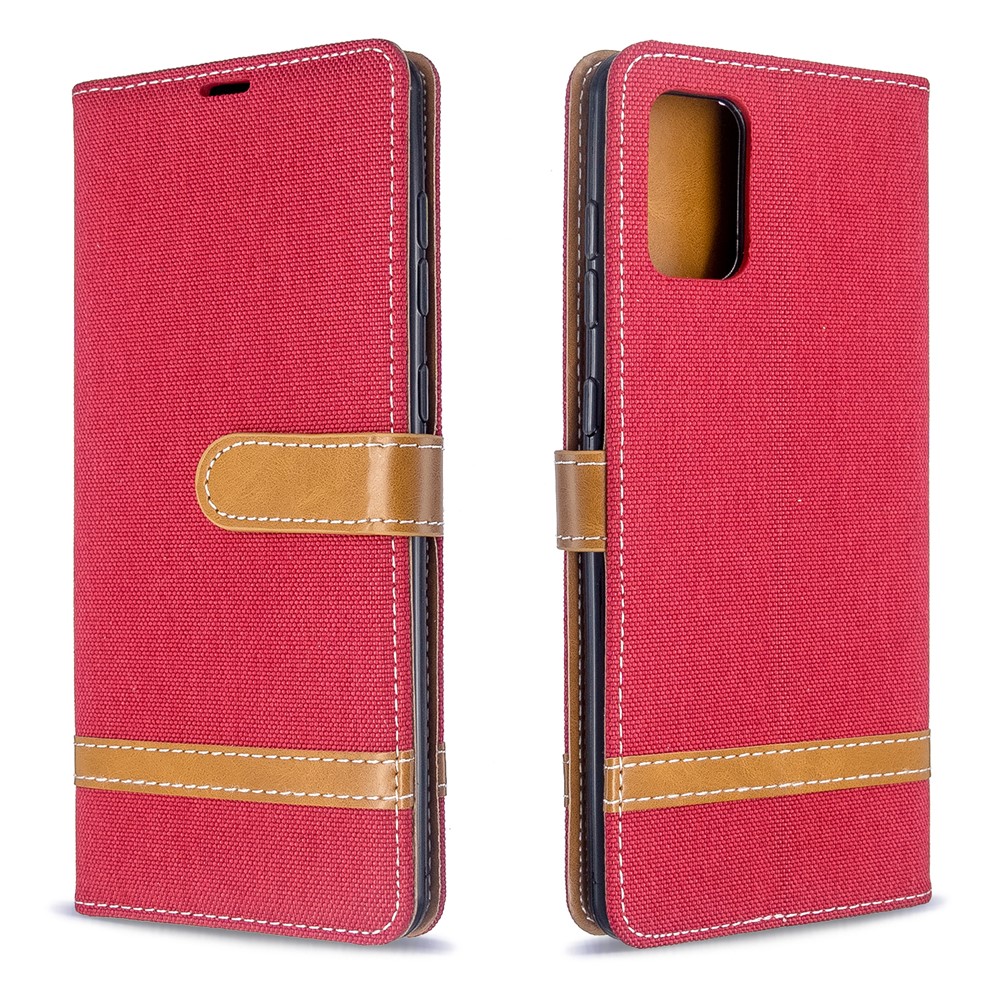 Color Splicing Jeans Cloth Skin Wallet Leather Case for Samsung Galaxy A71 A715 - Red-4