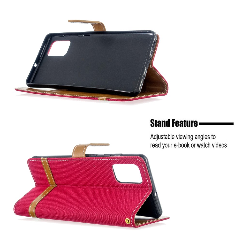 Color Splicing Jeans Cloth Skin Wallet Leather Case for Samsung Galaxy A71 A715 - Red-5