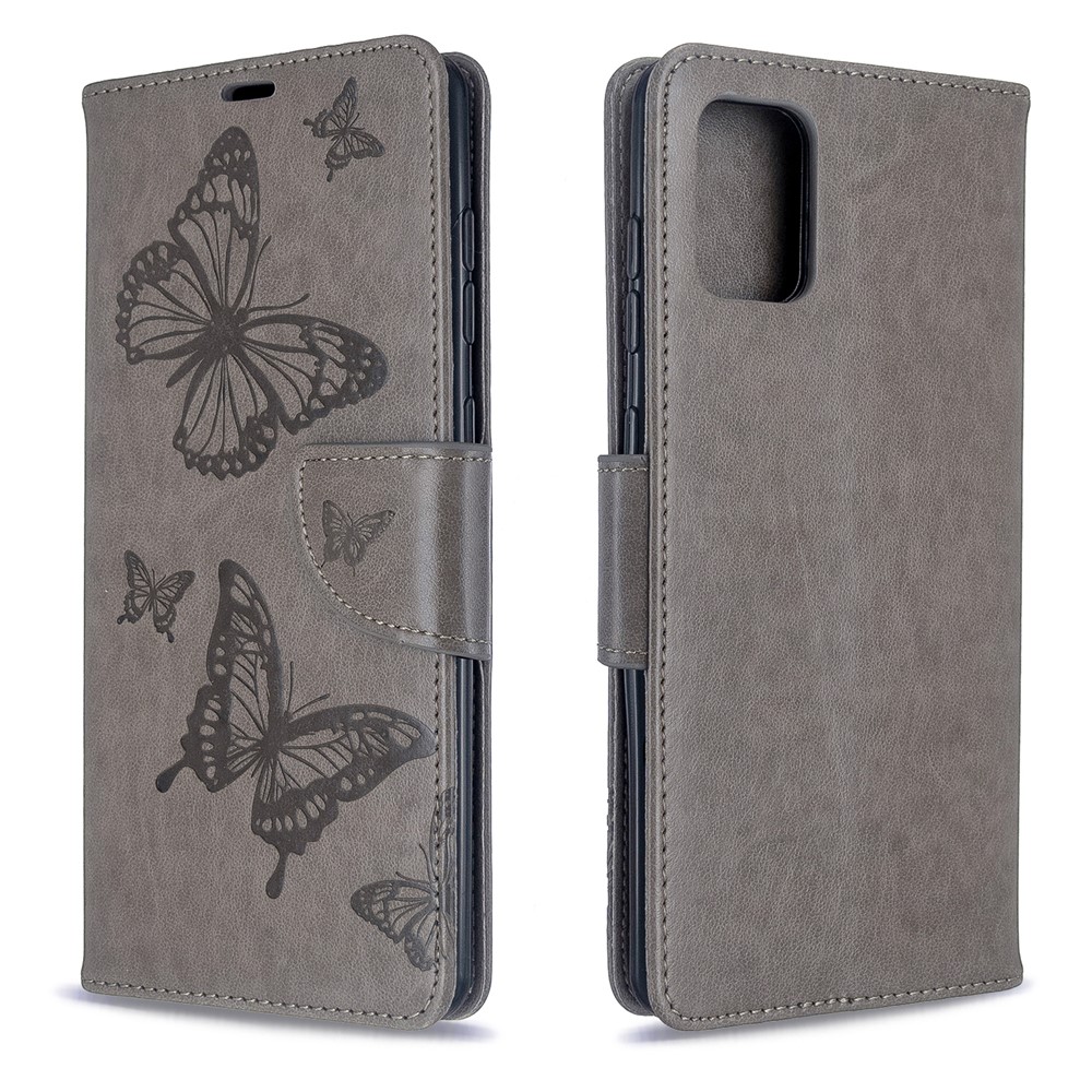 Imprint Butterflies Wallet Stand Flip Leather Case for Samsung Galaxy A71 - Grey-4