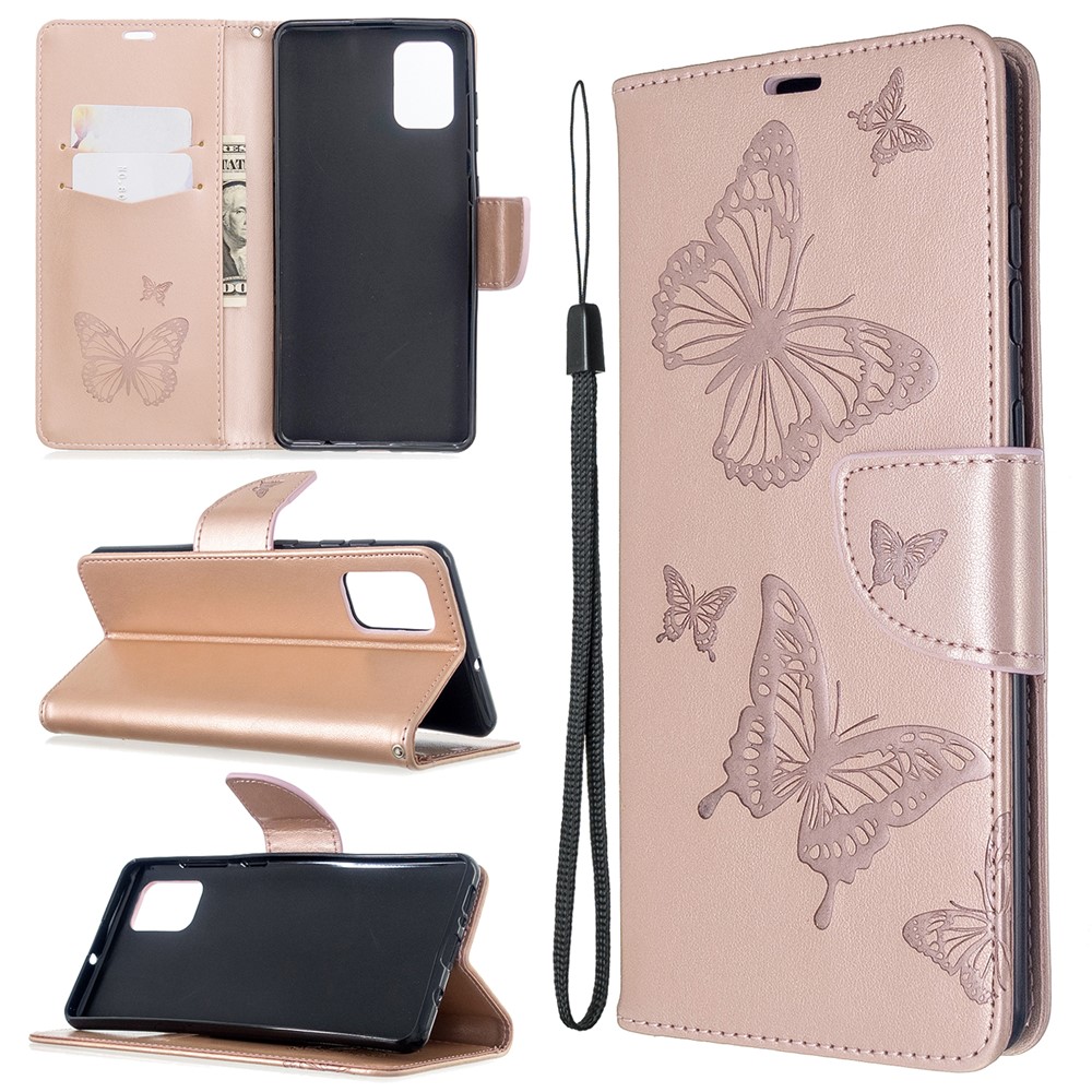 Imprint Butterflies Wallet Stand Flip Leather Case for Samsung Galaxy A71 A715 - Rose Gold-1