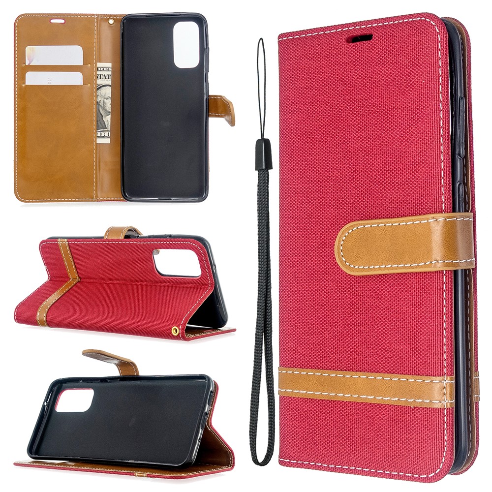 Color Splicing Jeans Cloth Skin Wallet Leather Phone Cover for Samsung Galaxy S20 - Red-1