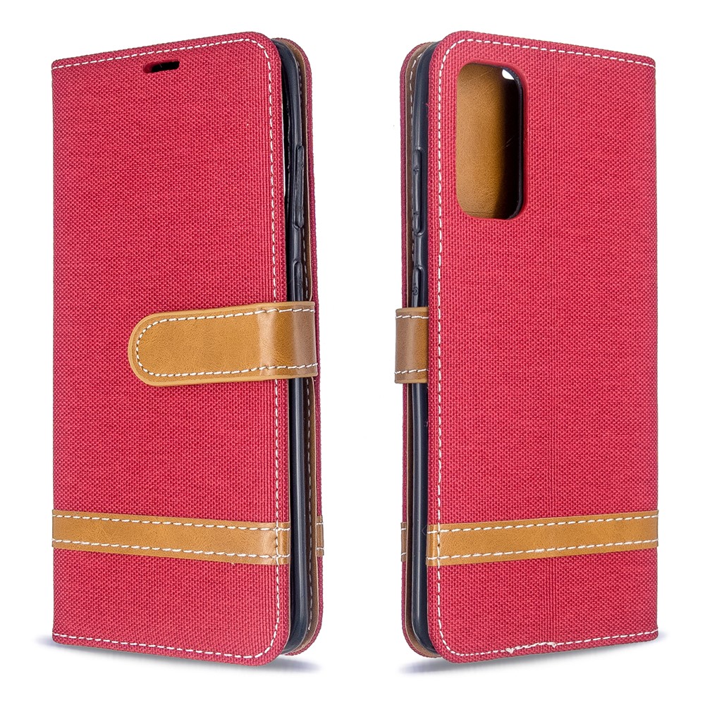 Color Splicing Jeans Cloth Skin Wallet Leather Phone Cover for Samsung Galaxy S20 - Red-4