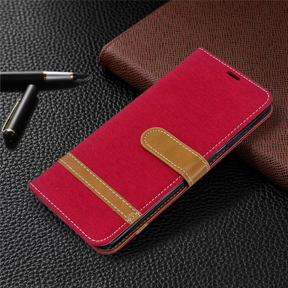 Color Splicing Jeans Cloth Skin Wallet Leather Phone Cover for Samsung Galaxy S20 - Red-7