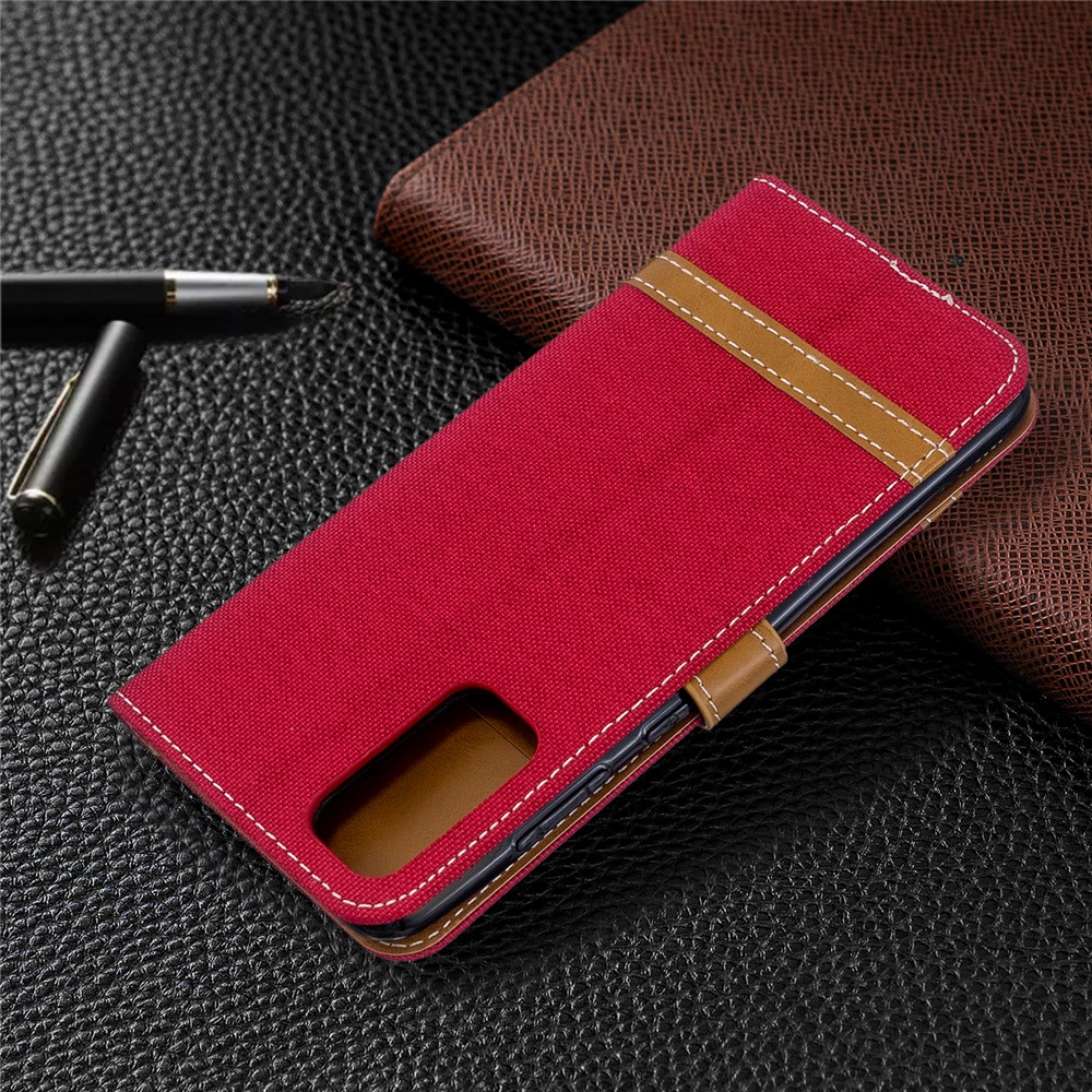 Color Splicing Jeans Cloth Skin Wallet Leather Phone Cover for Samsung Galaxy S20 - Red-8
