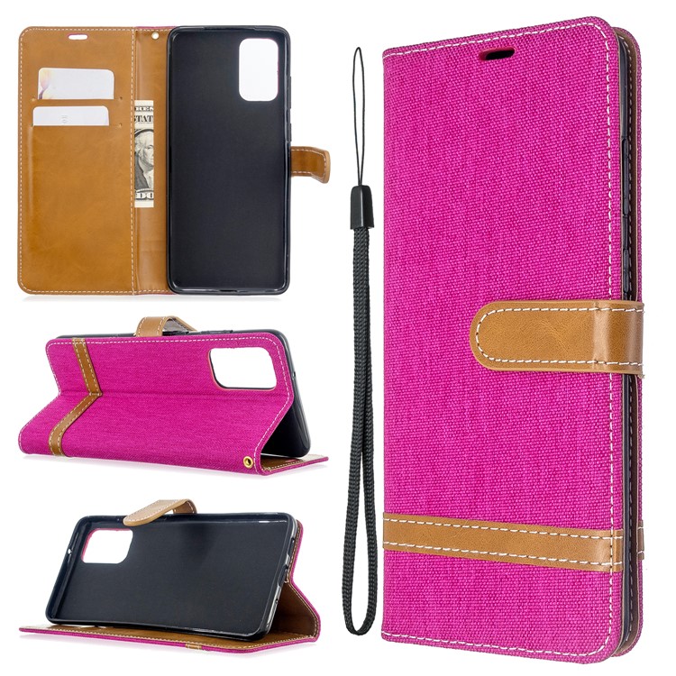 Color Splicing Jeans Cloth Skin Wallet Leather Phone Casing for Samsung Galaxy S20 Plus - Rose-1