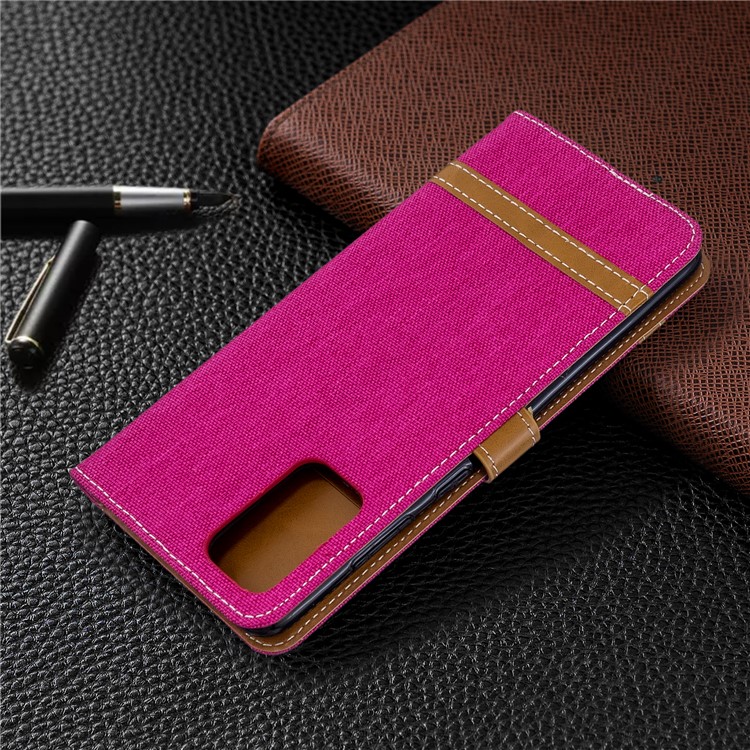 Color Splicing Jeans Cloth Skin Wallet Leather Phone Casing for Samsung Galaxy S20 Plus - Rose-8
