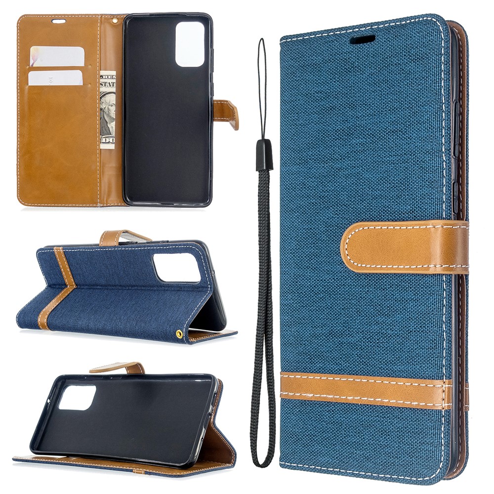 Color Splicing Jeans Cloth Skin Wallet Leather Phone Casing for Samsung Galaxy S20 Plus - Dark Blue-1