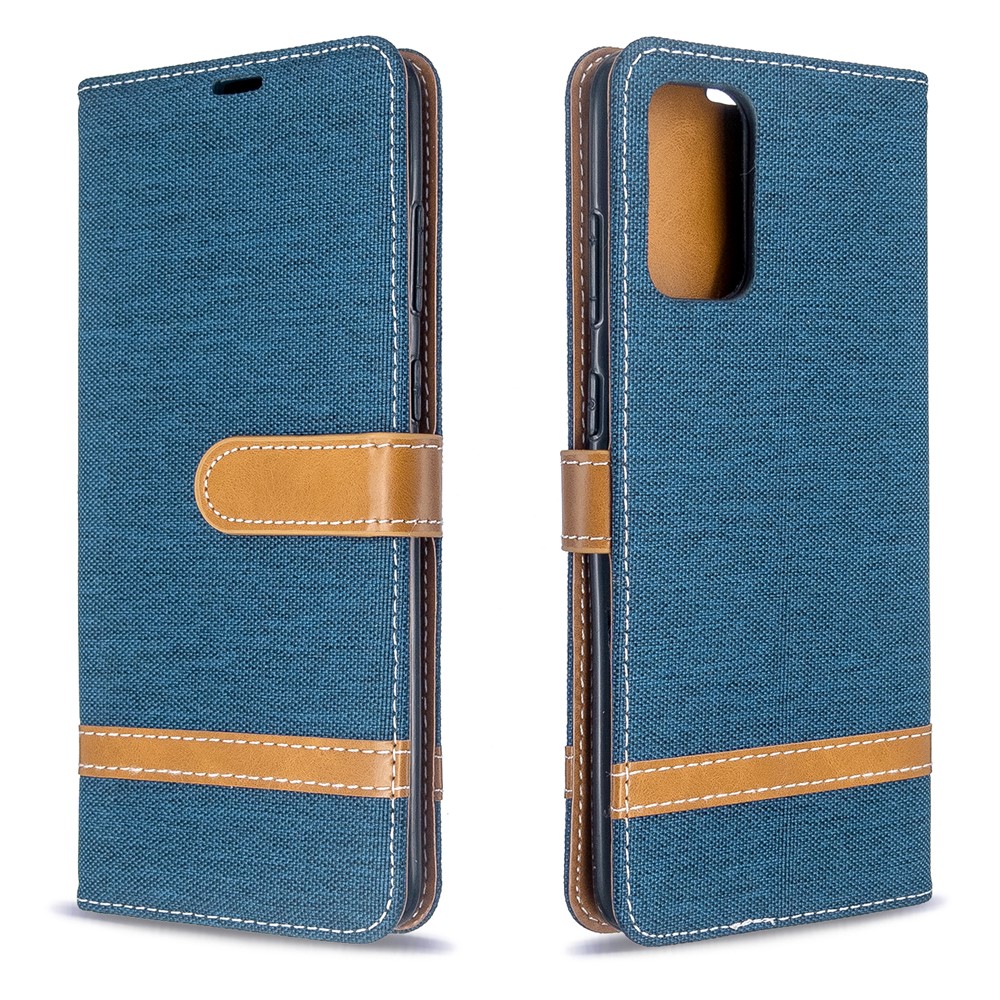 Color Splicing Jeans Cloth Skin Wallet Leather Phone Casing for Samsung Galaxy S20 Plus - Dark Blue-4