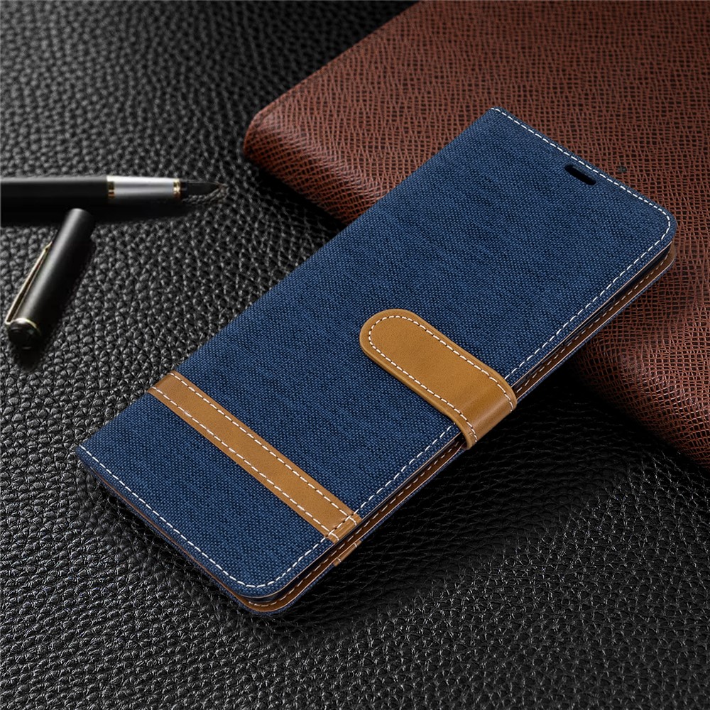 Color Splicing Jeans Cloth Skin Wallet Leather Phone Casing for Samsung Galaxy S20 Plus - Dark Blue-7
