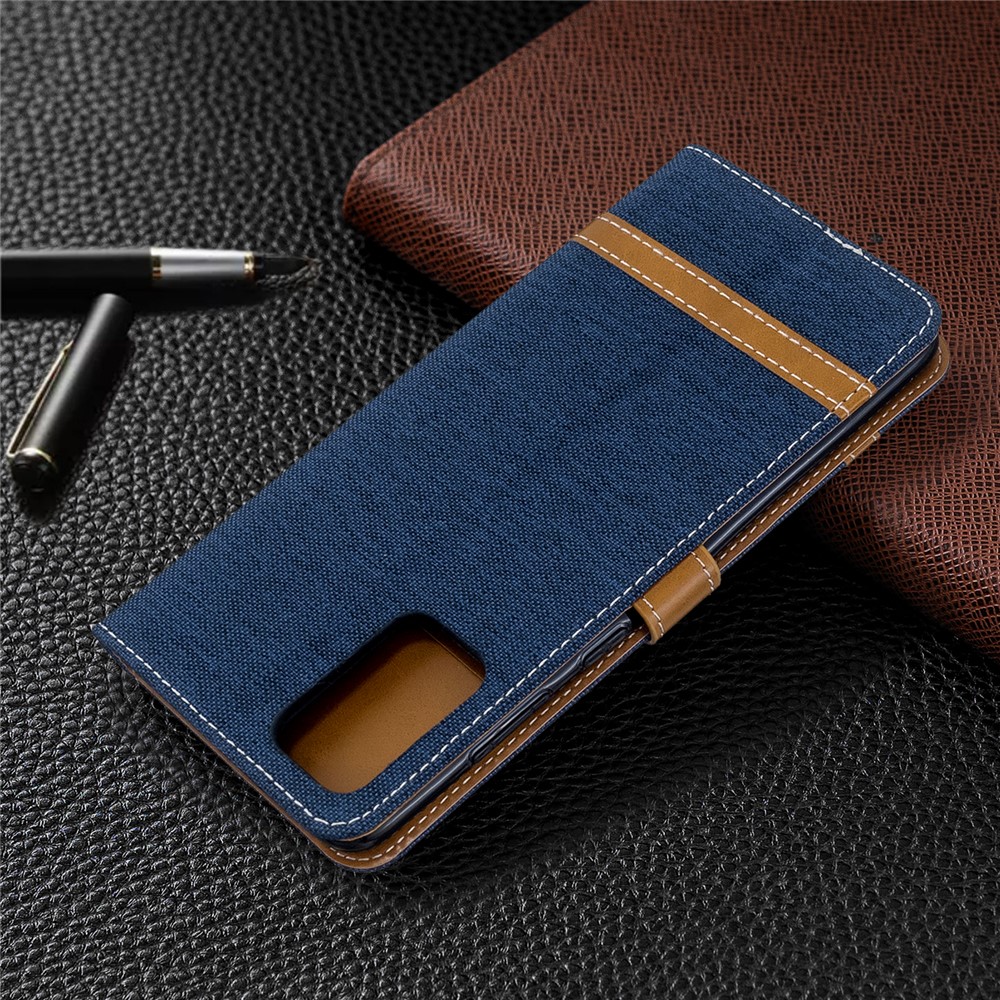 Color Splicing Jeans Cloth Skin Wallet Leather Phone Casing for Samsung Galaxy S20 Plus - Dark Blue-8