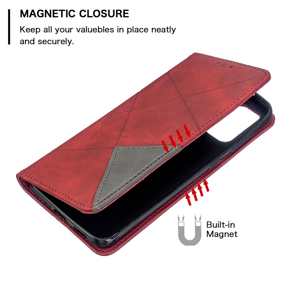 Case de Cartera de Cuero de Soporte Geométrico Para Samsung Galaxy S20 4G/S20 5G - Rojo