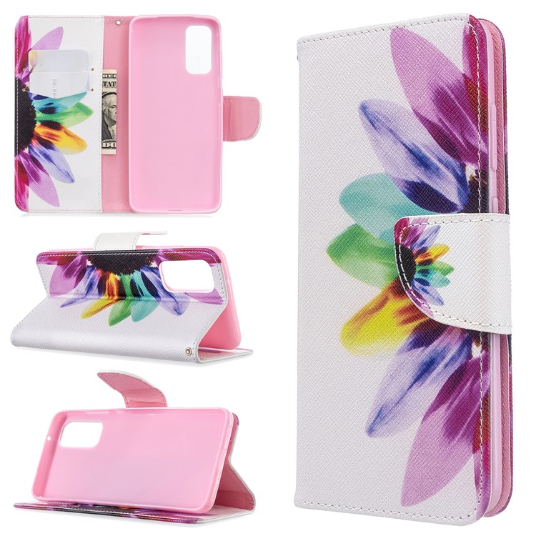 Pattern Printing Leather Wallet Stand Case for Samsung Galaxy S20 - Colorful Petals-1