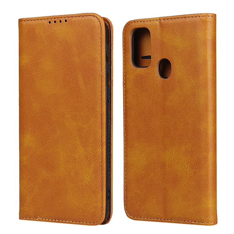 Auto-absorbed Leather Wallet Stand Phone Cover Casing for Samsung Galaxy M30s/M21 - Brown-1
