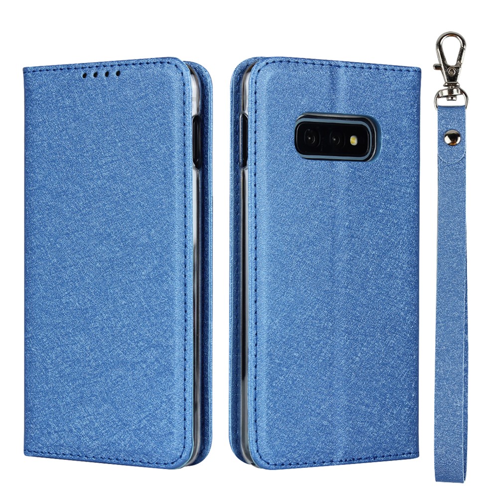 Silk Texture Leather Wallet Stand Phone Case Cover for Samsung Galaxy S10e - Blue-1