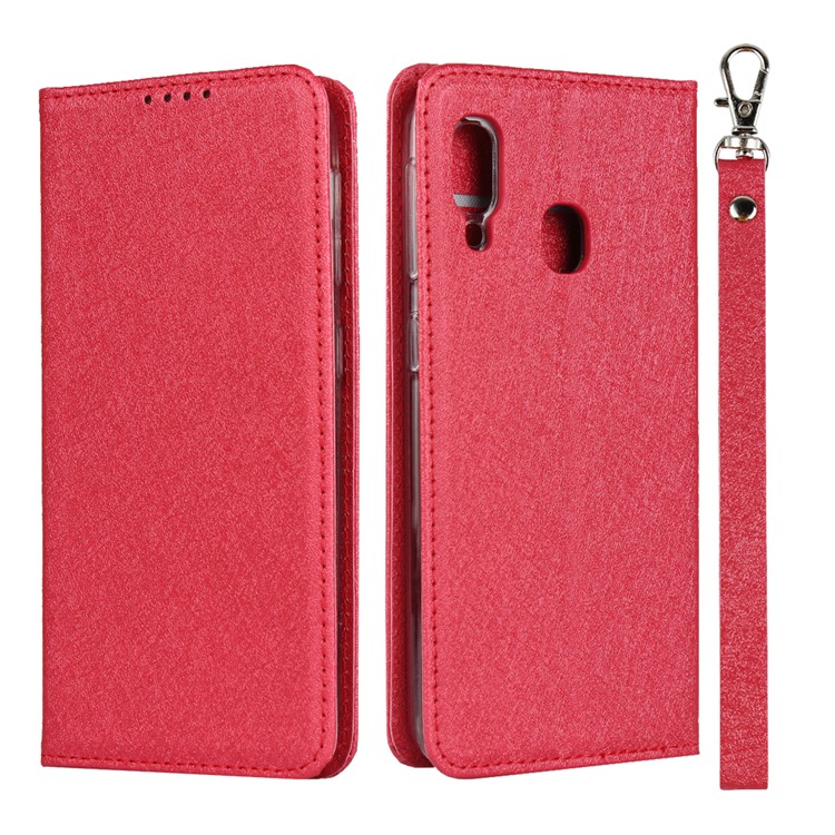 Silk Texture Leather Wallet Stand Phone Case Cover with Strap for Samsung Galaxy A20e - Red-1