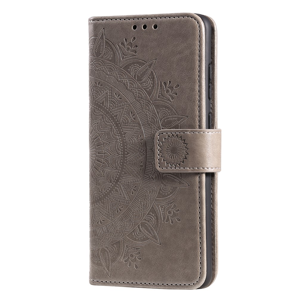 Imprint Flower Leather Wallet Phone Casing for Samsung Galaxy A51 - Grey-4