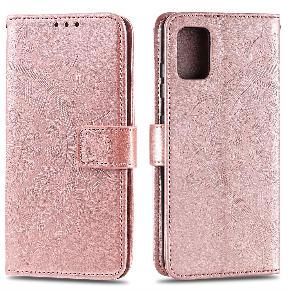 Mandala Fleur de Fleur PU en Cuir PU à Bascule Couvercle de Téléphone Portefeuille Avec Sangle Pour Samsung Galaxy A51 4G - or Rose