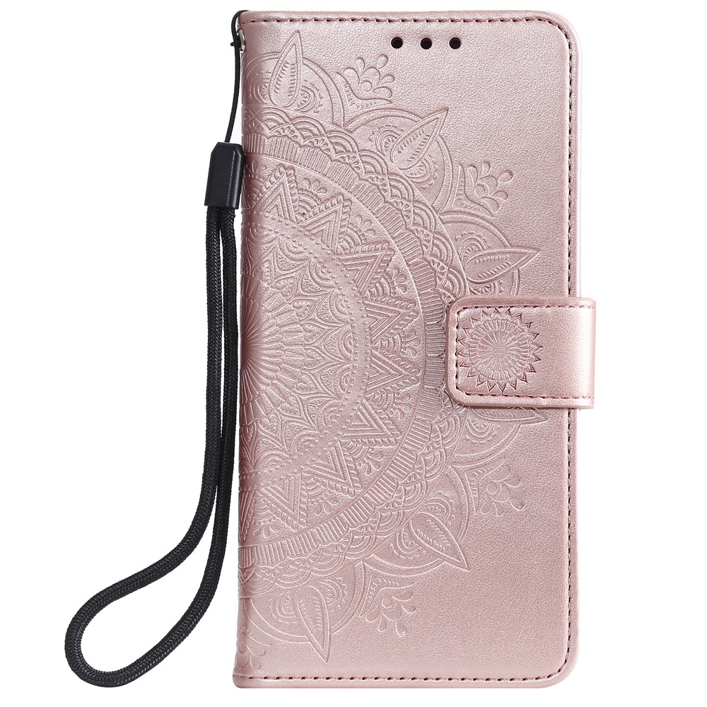 Geprinted Mandala Blume PU Leder Hülle Flip -ständer Handyabdeckung Mit Riemen Für Samsung Galaxy A51 4g - Roségold