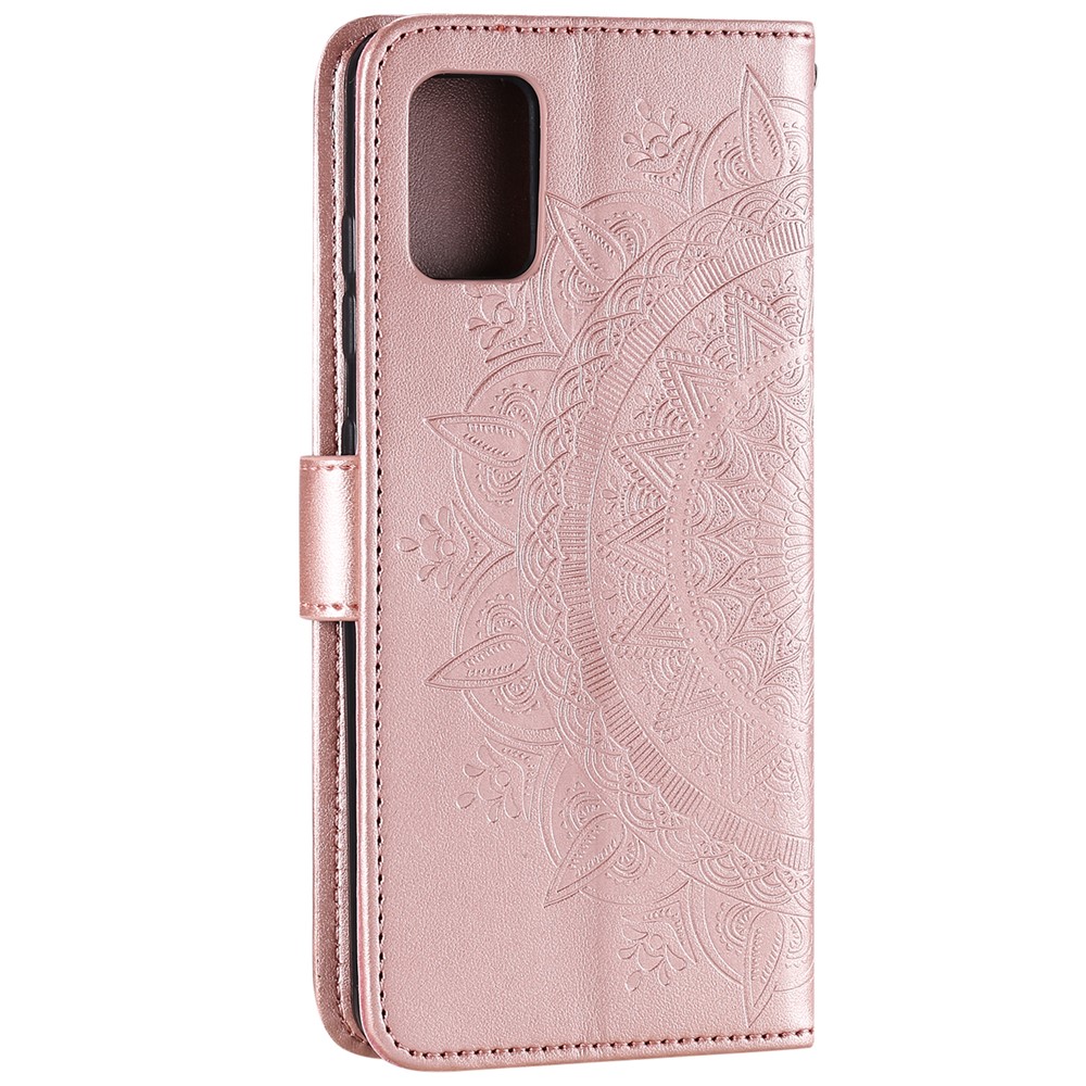 Imprimido Mandala Flower PU Cuero Flip Stand Soport Cover Con Correa Para Samsung Galaxy A51 4G - Oro Rosa-5