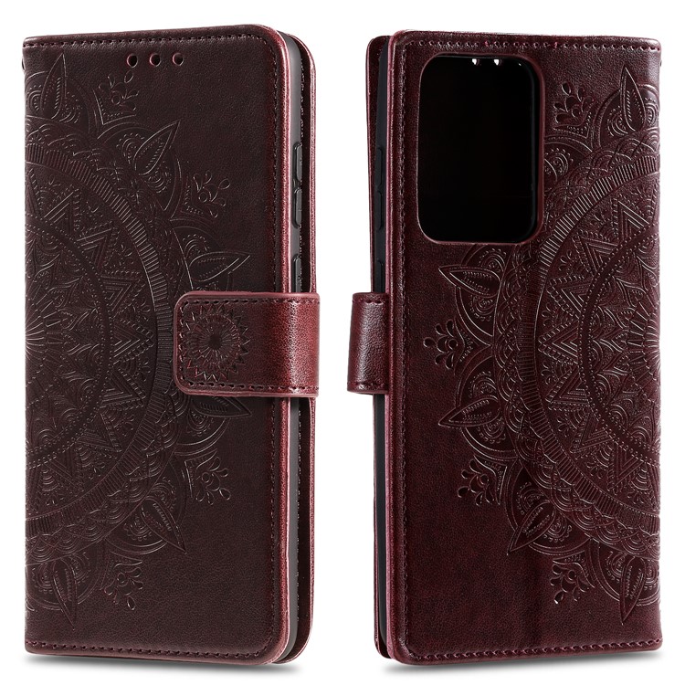 Imprint Flower Leather Wallet Phone Casing for Samsung Galaxy S20 Ultra - Coffee-1